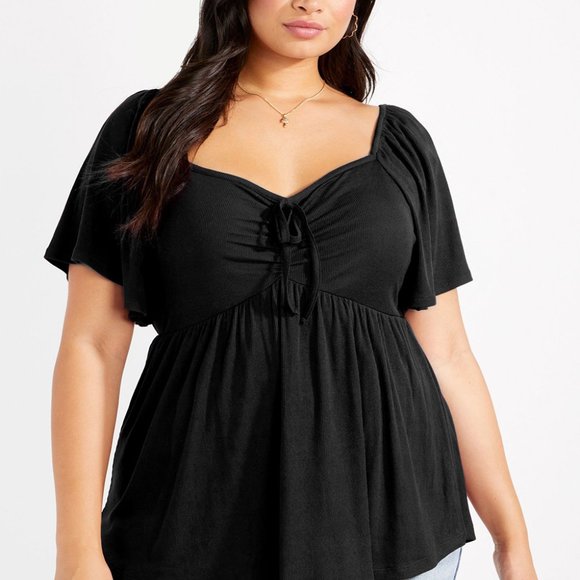 Black Plus Size Ruched Front Babydoll Top - Picture 9 of 16